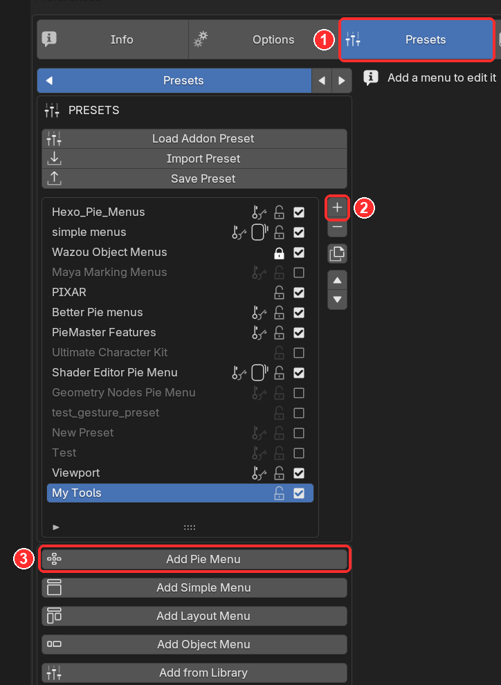 Presets tab, new preset and Add Pie Menu
