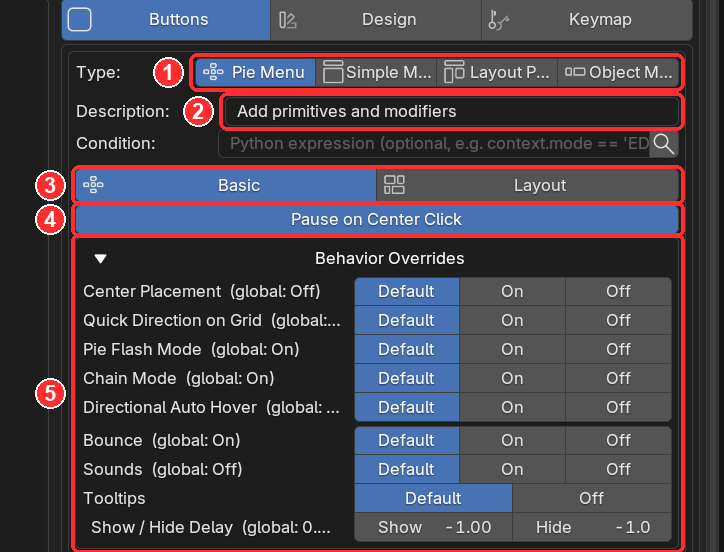 Menu settings at the top of the Buttons tab