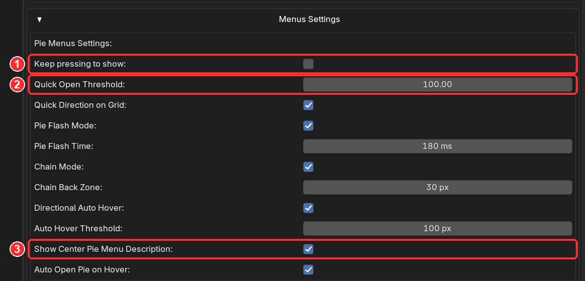 Pie Menus Settings in the Options tab